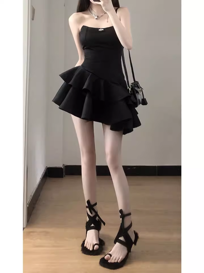 Cute A line Strapless Little Black Dress Hoco Dresses Short Satin Birthday Outfits SD263