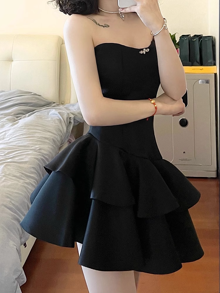 Cute A line Strapless Little Black Dress Hoco Dresses Short Satin Birthday Outfits SD263