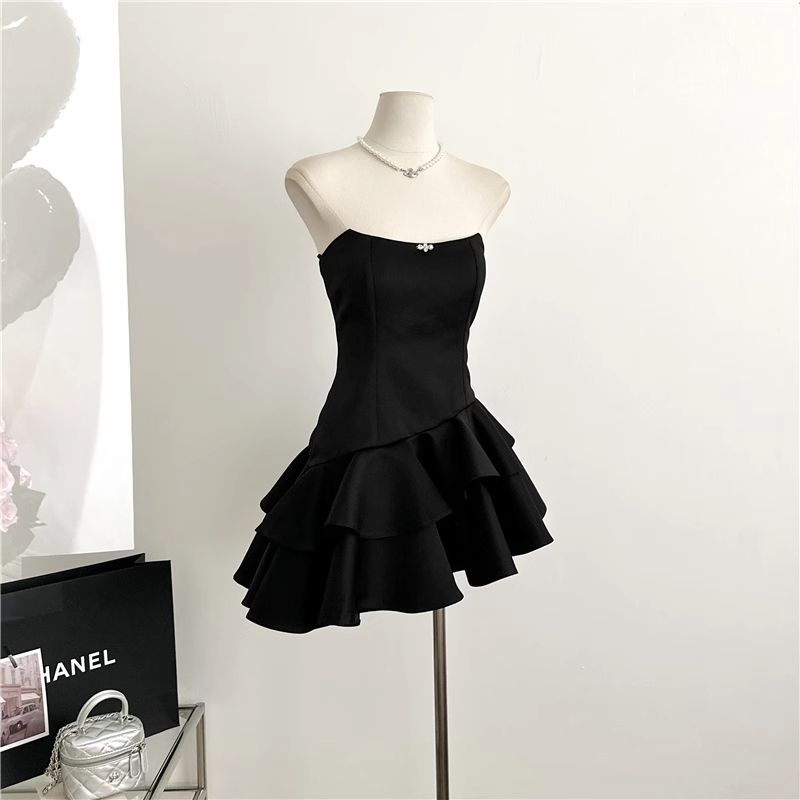 Cute A line Strapless Black Homecoming Dresses Short Satin Birthday Outfits SD264