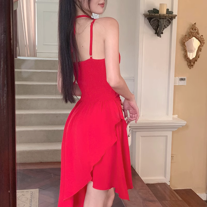 Simple A line Irregular Hem Spaghetti Straps Red Dinner Dress Short Birthday Outfit SD268