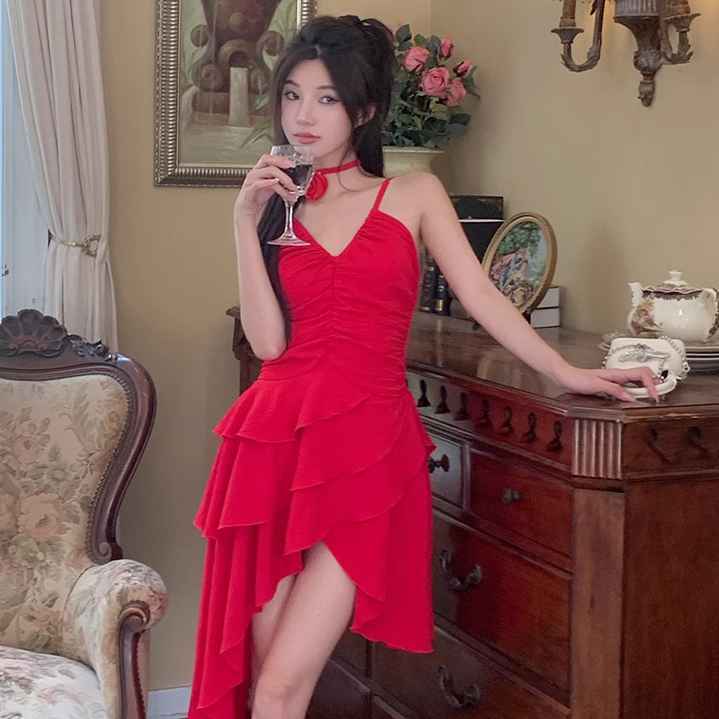 Simple A line Irregular Hem Spaghetti Straps Red Dinner Dress Short Birthday Outfit SD268