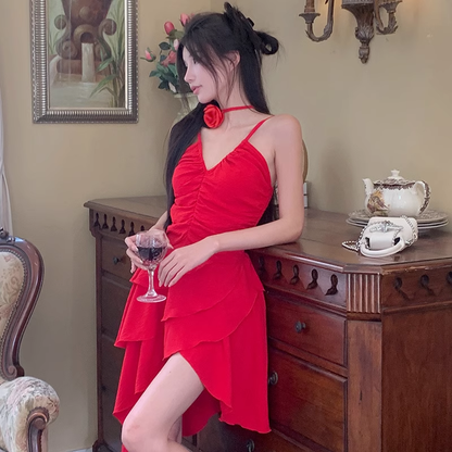 Simple A line Irregular Hem Spaghetti Straps Red Dinner Dress Short Birthday Outfit SD268