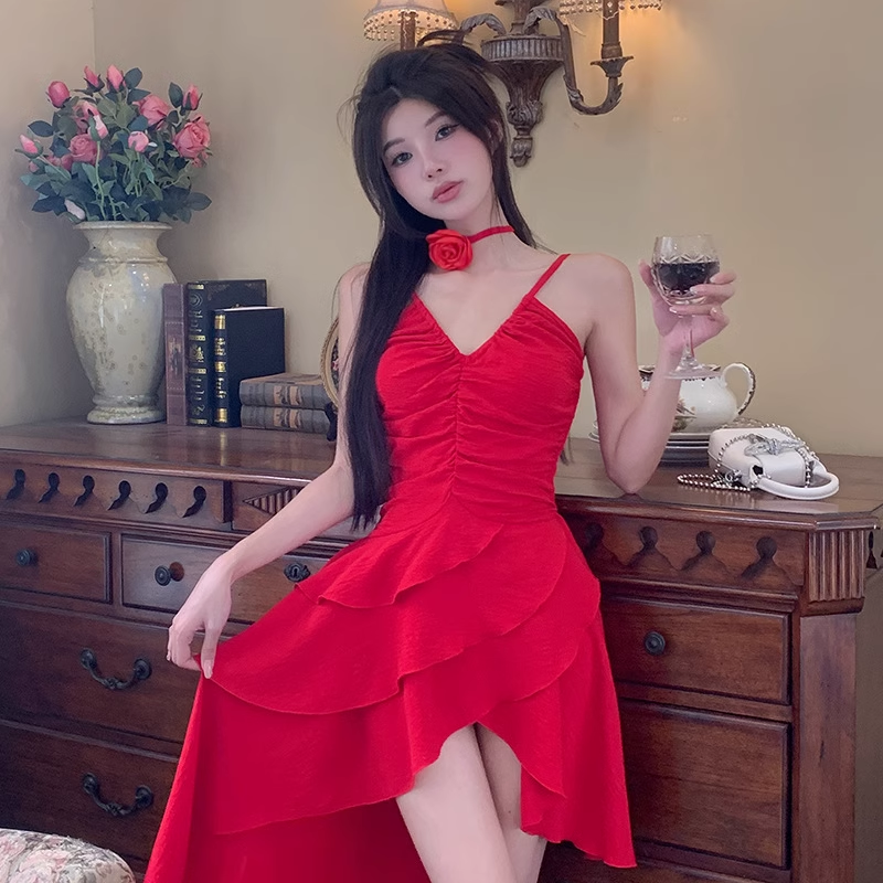 Simple A line Irregular Hem Spaghetti Straps Red Dinner Dress Short Birthday Outfit SD268