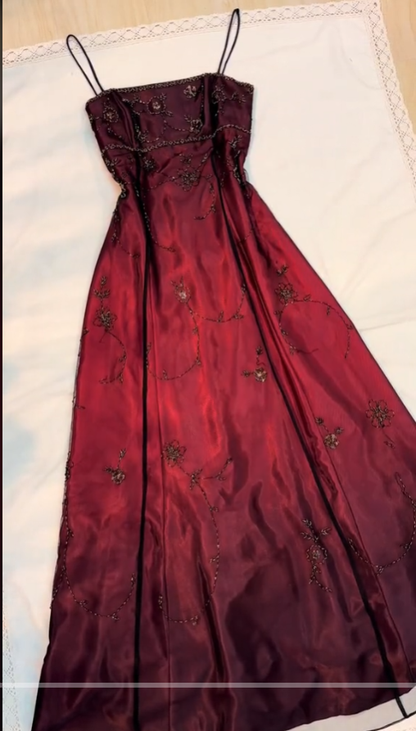 Classy A line Spaghetti Straps Burgundy Beads Long Prom Dress SD2703