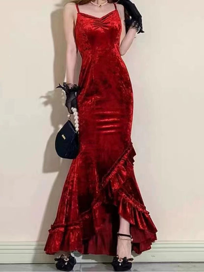 Classy Mermaid Spaghetti Straps Burgundy Ruffles Long Prom Dress SD2703