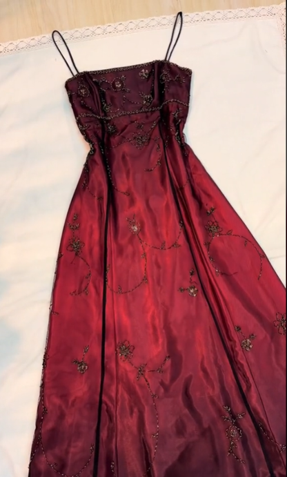 Classy A line Spaghetti Straps Burgundy Beads Long Prom Dress SD2703