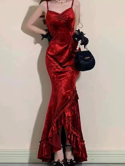Classy Mermaid Spaghetti Straps Burgundy Ruffles Long Prom Dress SD2703