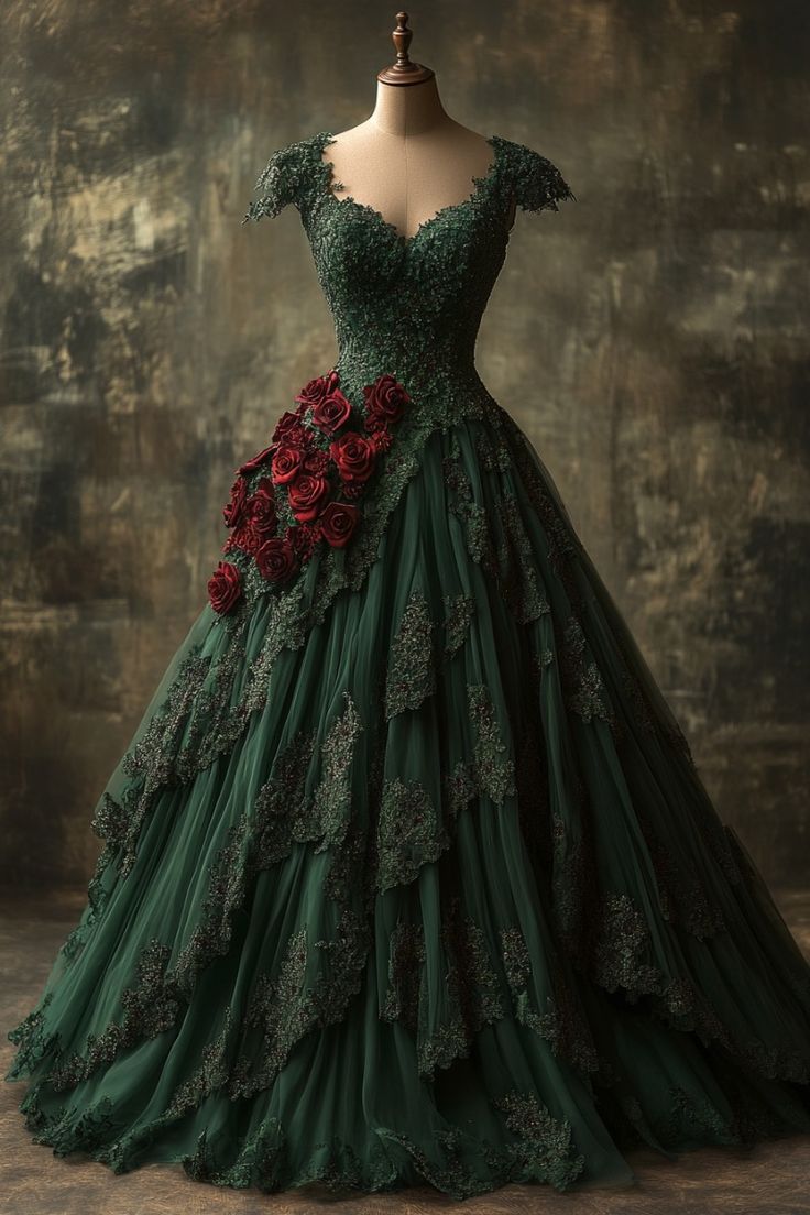 Classy Ball Gown Short Sleeves Dark Green Lace Long Party Dress Satin