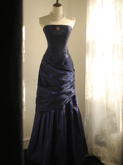 Classy Mermaid Strapless Navy Blue Organza Long Evening Gowns Prom Dress SD2743