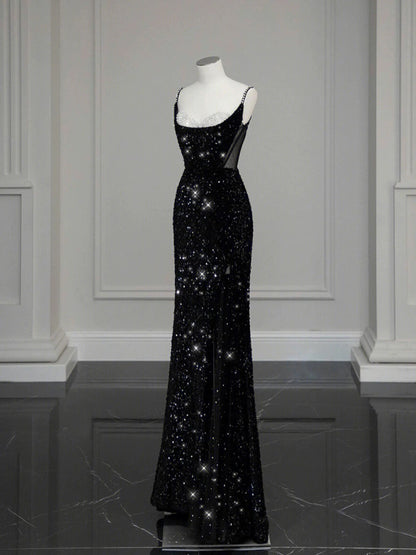 Classy Mermaid Spaghetti Straps Black Sequin Slit Long Evening Gowns Prom Dress SD2744