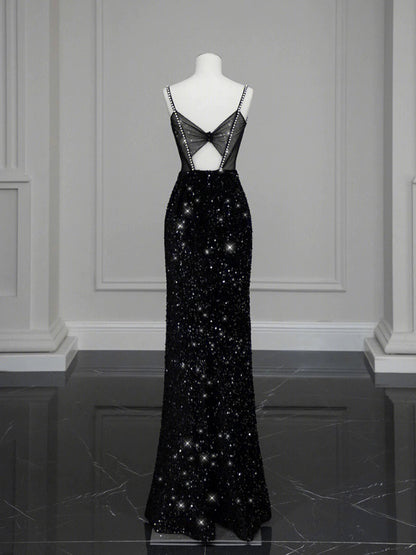 Classy Mermaid Spaghetti Straps Black Sequin Slit Long Evening Gowns Prom Dress SD2744