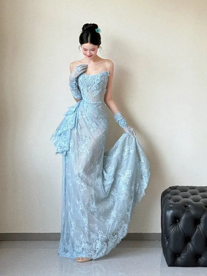 Classy Mermaid Strapless Lace Blue Long Evening Gowns Split Prom Dress SD2748