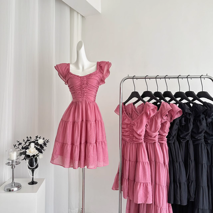 Cute A line Sleeveless Holiday Dresses Short Ruffles Pink Birthday Outfits SD275