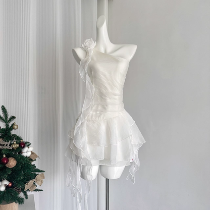 Cute Sheath One Shoulder White Holiday Dresses Short Ruffles Birthday Outfits SD274