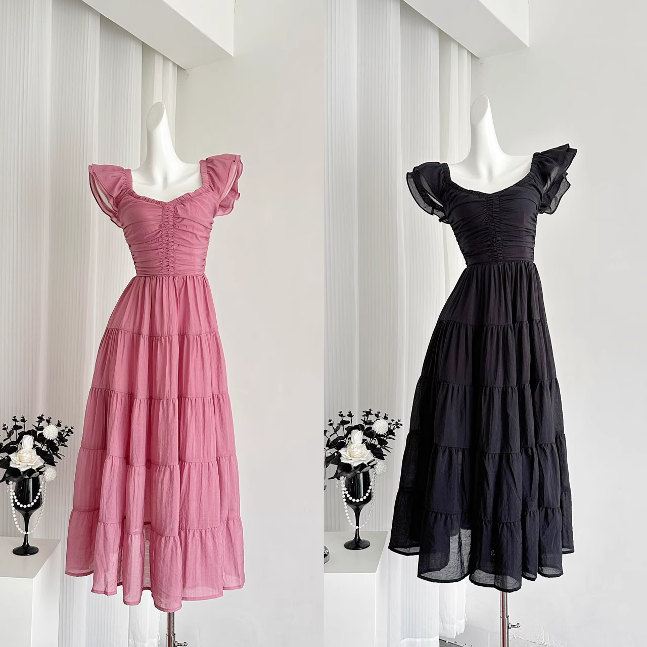 Cute A line Sleeveless Holiday Dresses Ankle Length Ruffles Pink Birthday Outfits SD276