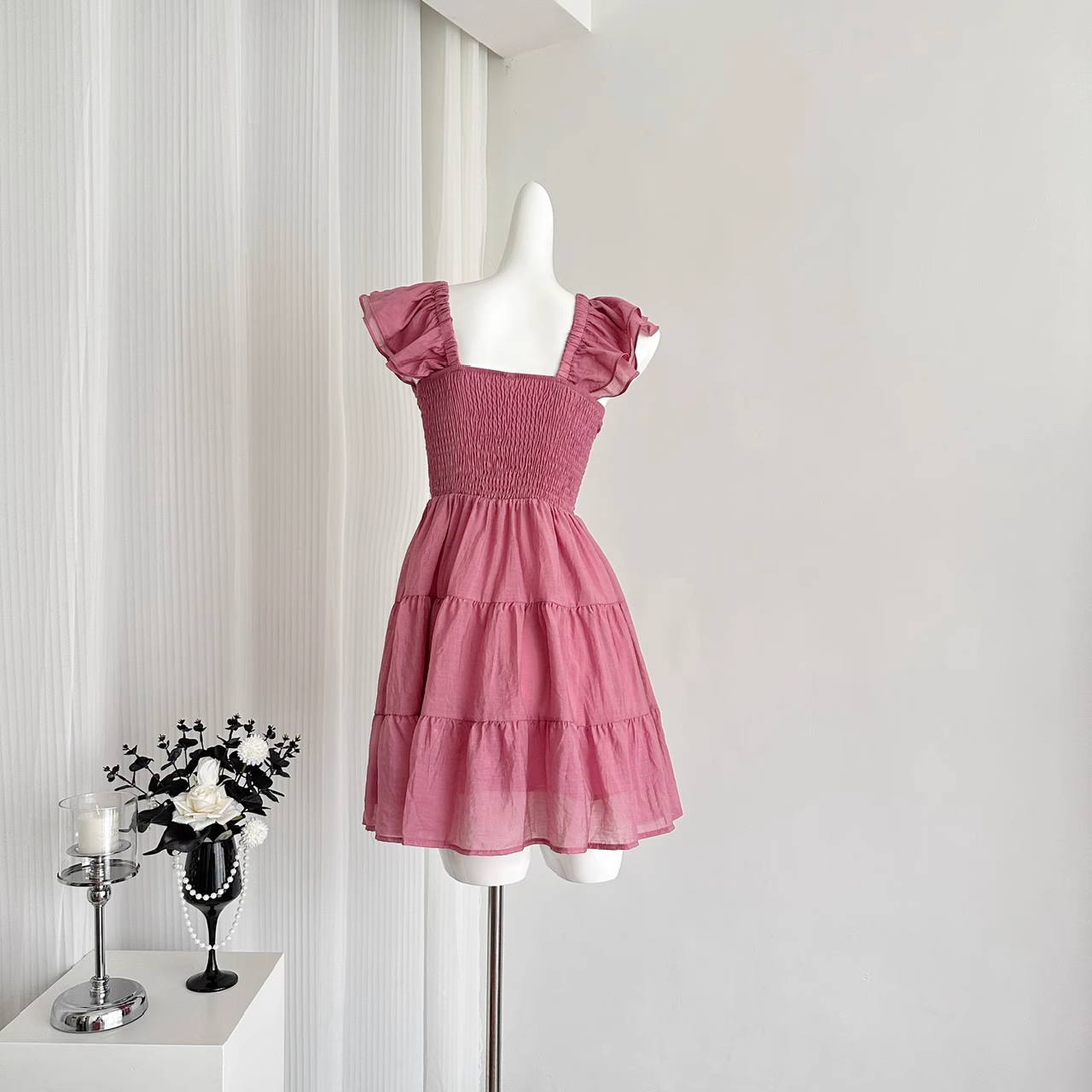 Cute A line Sleeveless Holiday Dresses Short Ruffles Pink Birthday Outfits SD275