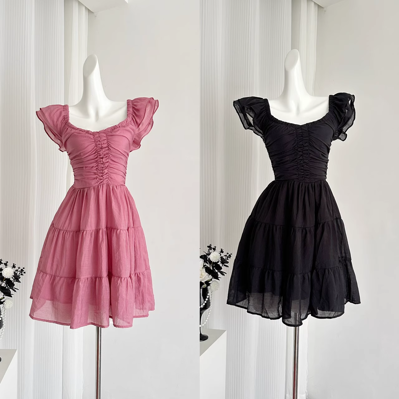 Cute A line Sleeveless Holiday Dresses Short Ruffles Pink Birthday Outfits SD275