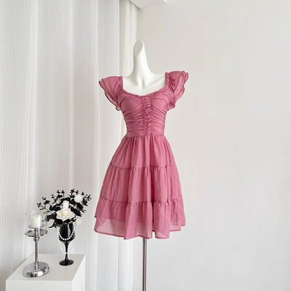 Cute A line Sleeveless Holiday Dresses Short Ruffles Pink Birthday Outfits SD275