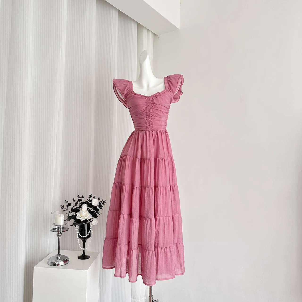 Cute A line Sleeveless Holiday Dresses Ankle Length Ruffles Pink Birthday Outfits SD276