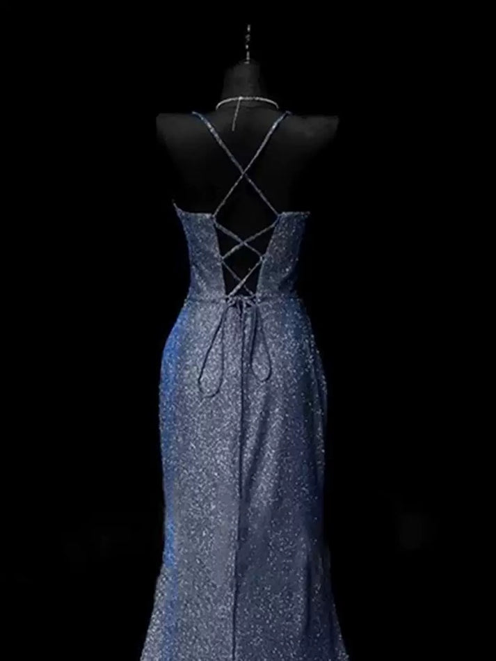 Sheer Bodice Luxury Lace Spaghetti Strap Mermaid Evening Dress - Blue main image 0