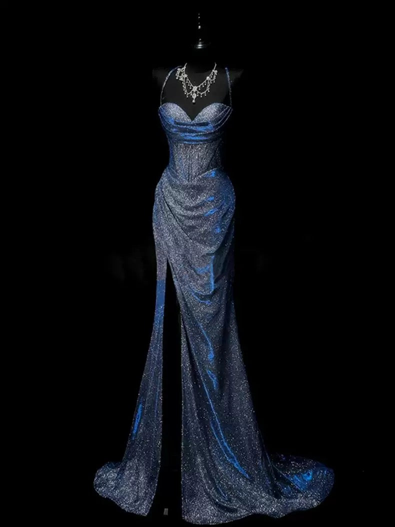 Elegant Off The Shoulder Blue Sequin Chiffon Pleated Mermaid Long Party Gown Evening Dress