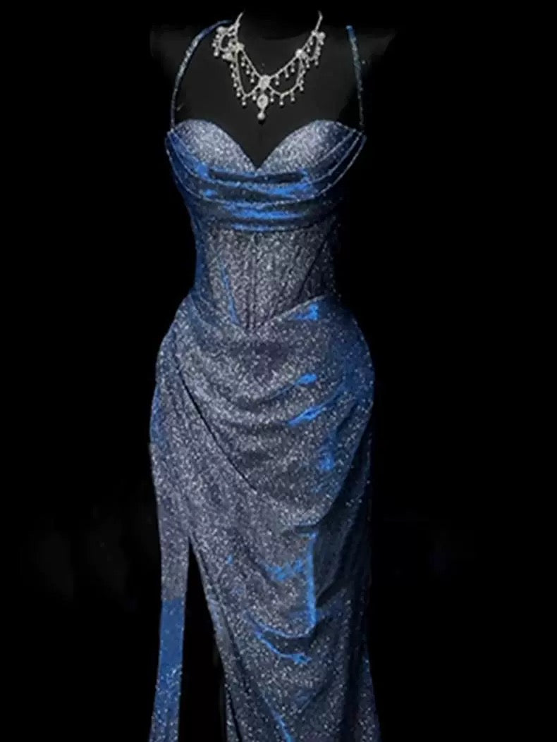 Classy Mermaid Spaghetti Straps Navy Blue Sequin Long Evening Gowns Prom Dress SD2765