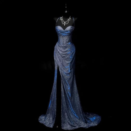 Classy Mermaid Spaghetti Straps Navy Blue Sequin Long Evening Gowns Prom Dress SD2765