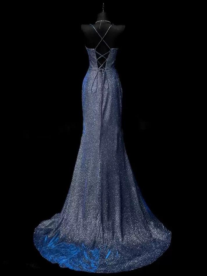 Chic Spaghetti Straps Navy Blue V-neck Slit Sweep Train Long Prom Dress main image 0