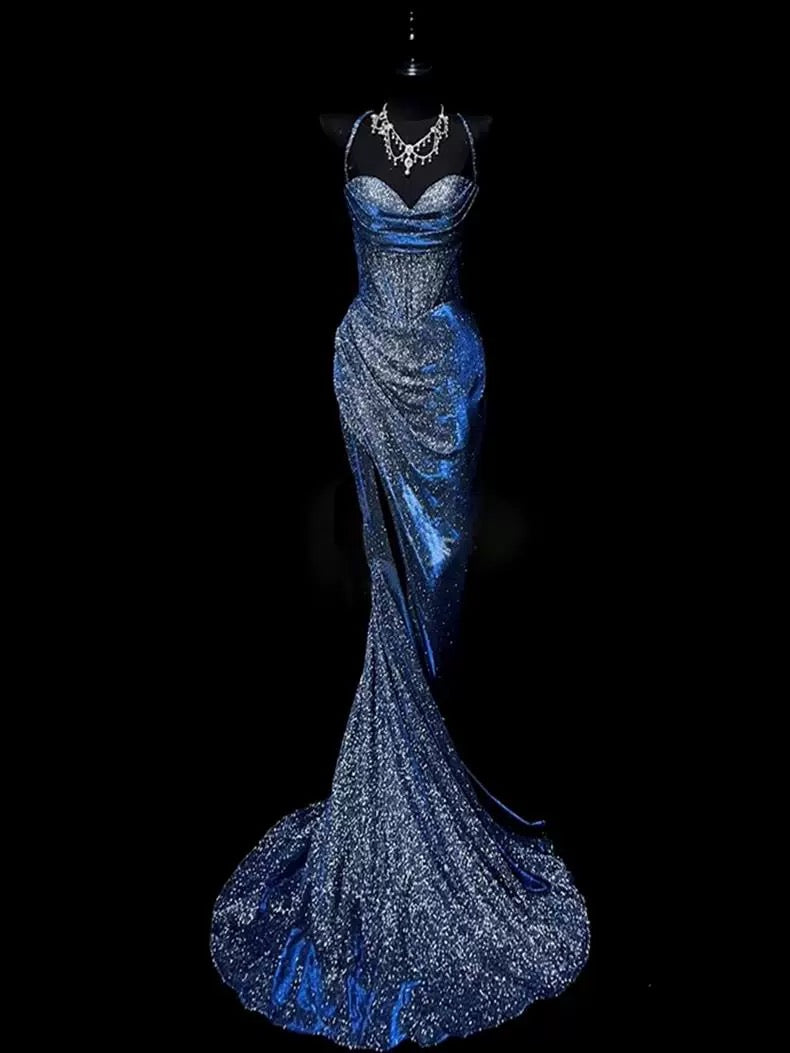 Elegant Spaghetti Straps Navy Blue Tulle Lace Appliques Mermaid Evening Dress Birthday Outfits D1268