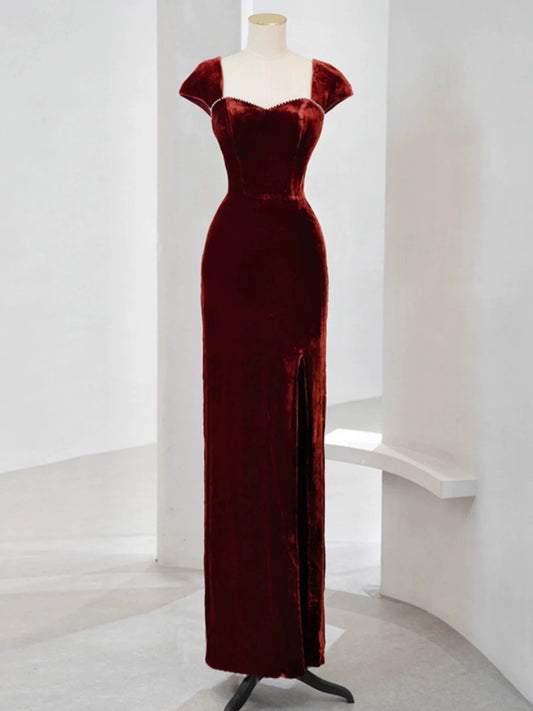 Pretty Mermaid Burgundy Velvet Slit Evening Dress Prom Dresses SD2771