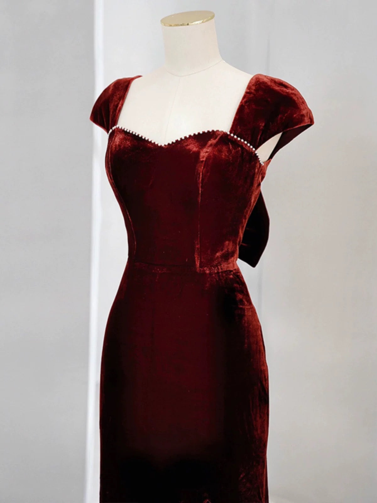 Pretty Mermaid Burgundy Velvet Slit Evening Dress Prom Dresses SD2771