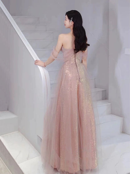 Pretty A Line Sweetheart Pink Sequin Long Length Evening Dress Prom Dresses SD2776