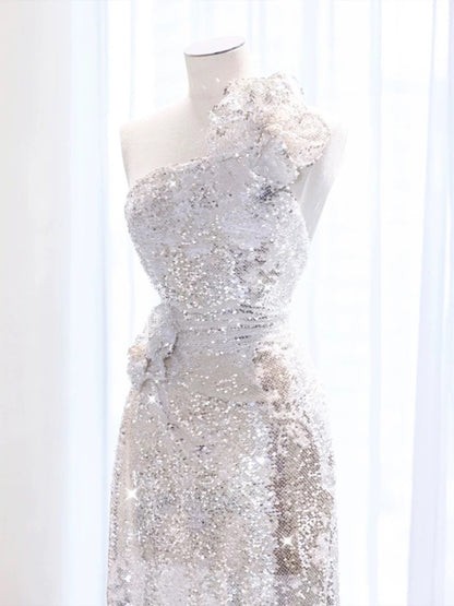 Pretty A Line One Shoulder Silver Sequin Long Length Evening Dress Prom Dresses SD2777