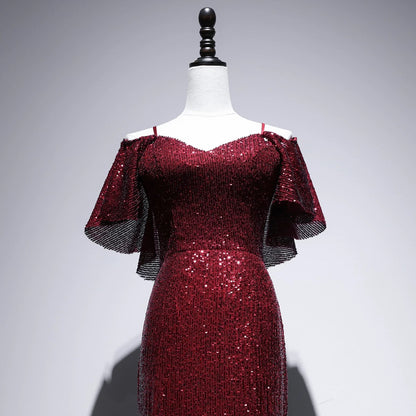 Pretty Mermaid Off The Shoulder Burgundy Sequin Long Evening Dress Prom Dresses SD2780