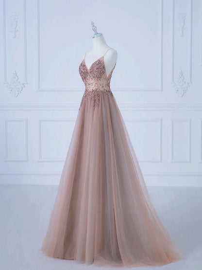 Pretty A line Spaghetti Straps Tulle Long Length Evening Dress Prom Dresses SD2783