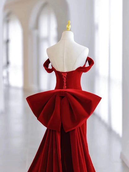 Pretty Mermaid Off The Shoulder Burgundy Satin Long Evening Dress Prom Dresses SD2788