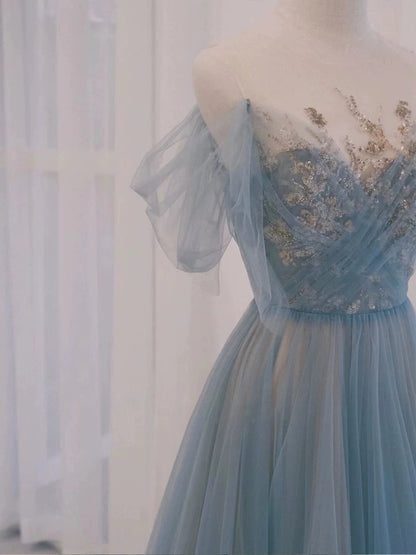 Pretty A Line Off The Shoulder Blue Tulle Long Length Evening Dress Prom Dresses SD2790