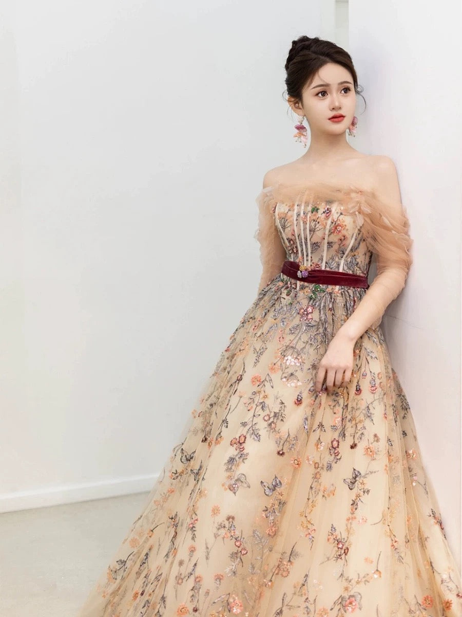 Pretty A Line Off The Shoulder Long Sleeves Floral Tulle Long Length Evening Dress Prom Dresses SD2792
