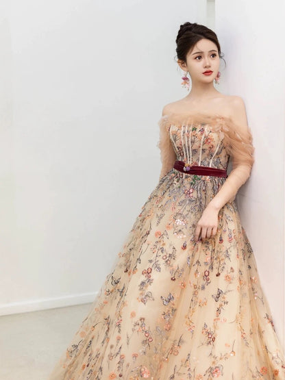 Pretty A Line Off The Shoulder Long Sleeves Floral Tulle Long Length Evening Dress Prom Dresses SD2792
