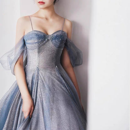Pretty A Line Off The Shoulder Blue Sequin Tulle Long Length Evening Dress Prom Dresses SD2793