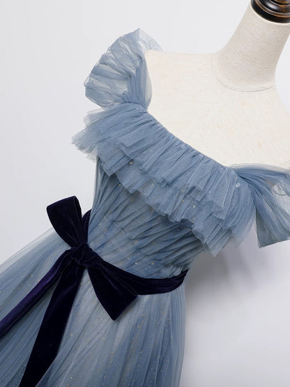 Vintage Ball Gown Off The Shoulder Blue Tulle Long Prom Gown Fairy Prom Dresses SD2798