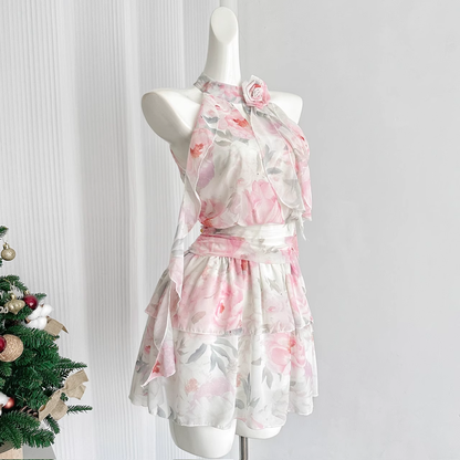 Cute A line Halter Rose Flower Sleeveless Floral Pink Dress Short Holiday Dresses SD279