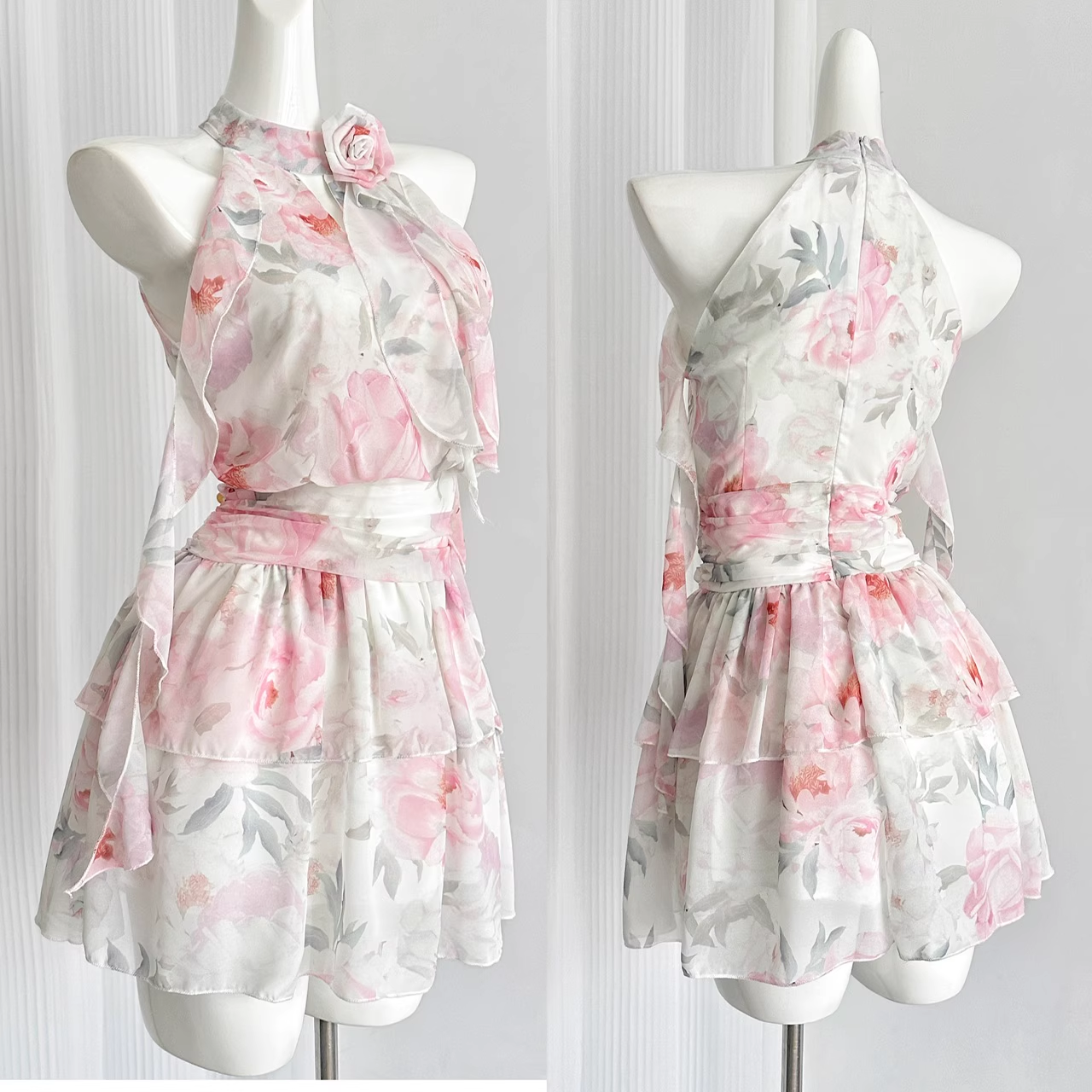 Cute A line Halter Rose Flower Sleeveless Floral Pink Dress Short Holiday Dresses SD279