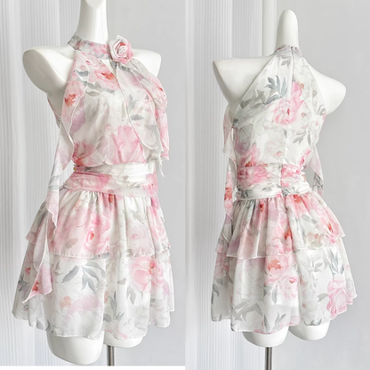 Cute A line Halter Rose Flower Sleeveless Floral Pink Dress Short Holiday Dresses SD279