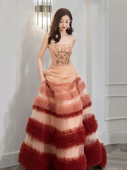 Gorgeous Balll Gown Strapless Tulle Pink Ruffles Long Evening Dress Prom Dresses SD2801