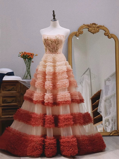 Gorgeous Balll Gown Strapless Tulle Pink Ruffles Long Evening Dress Prom Dresses SD2801