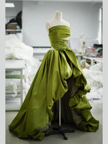 Gorgeous Balll Gown Strapless Green Satin Ruffles Long Evening Dress Prom Dresses SD2803