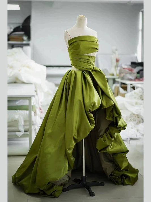 Gorgeous Balll Gown Strapless Green Satin Ruffles Long Evening Dress Prom Dresses SD2803
