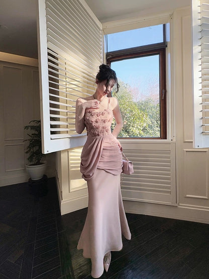 Pretty Mermaid Spaghetti Straps Pink Long Evening Dress Prom Dresses SD2804