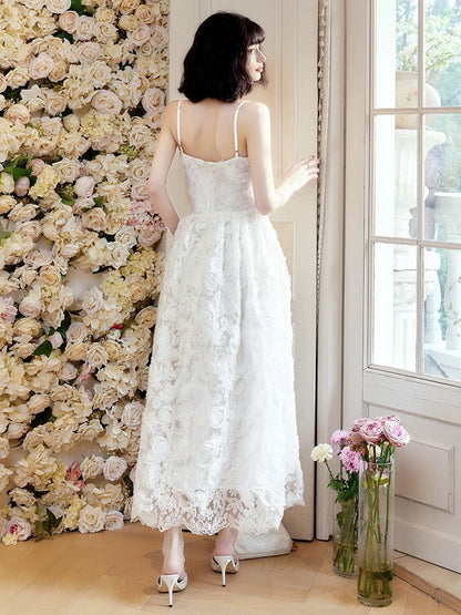 Pretty A Line Spaghetti Straps White Lace Long Length Evening Dress Prom Dresses SD2810